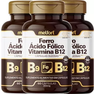 3 x Vitamina B12 + Ácido Fólico + Ferro 180 Cápsulas Suplemento