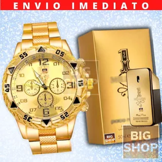 Kit Florenza Relógio Aço Dourado 24k Banhado Verniz + Perfume Importado Inspiração Presente Homem