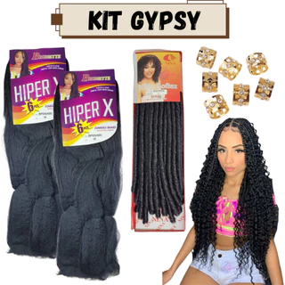 Kit 2 Cabelo Jumbo Jumbão Gypsy Braids Hiper X Tranças Dread + Cachos Nina Softex + Anéis