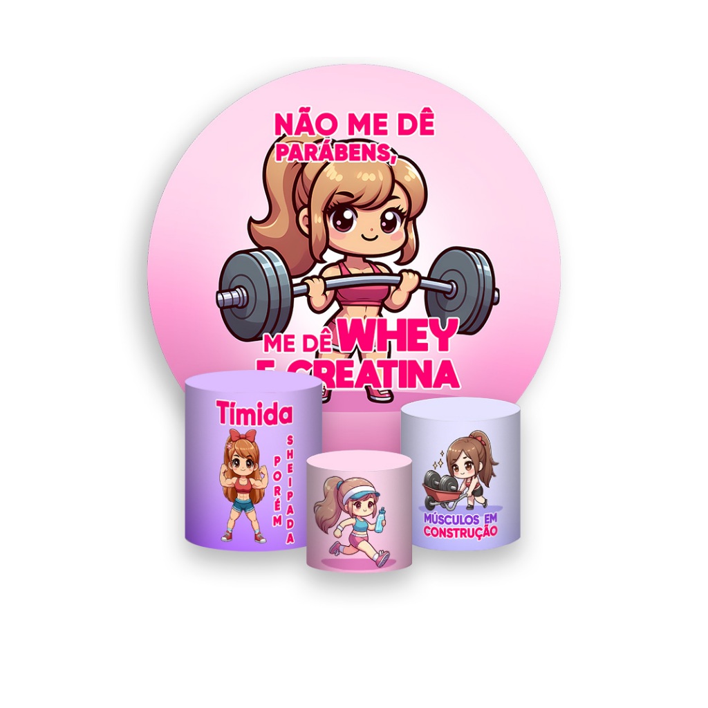 Painel De Festa Redondo + Trio De Capas Cilindro - Academia Menina Maromba  Loira Fitness 057 | Shopee Brasil