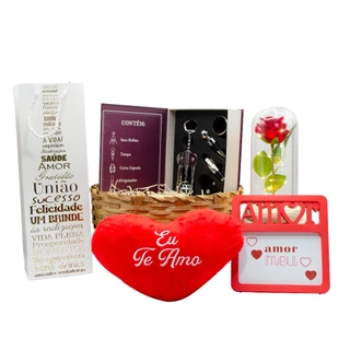KIT Presente Dia dos Namorados Rosa Encantada Livro Guia do Vinho Porta Retrato Almofada Coração