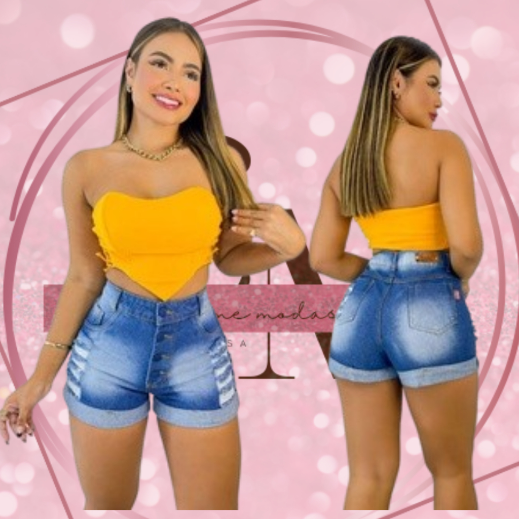 Short Jeans Feminino Feminina Lycra Cintura Alta Botão Encapado Bordado Barato