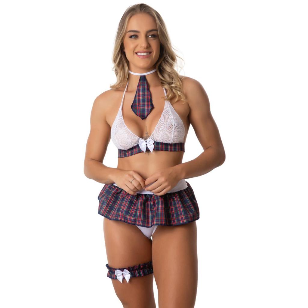Fantasia Erótica Colegial Conjunto Mini Saia Top Gravatinha e Perneira