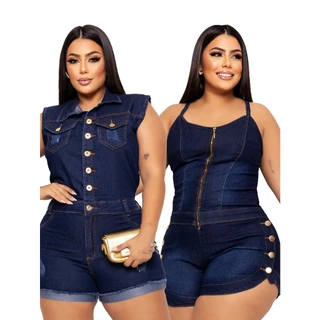 2 Macaquinhos Plus Size Jeans Feminino com Lycra GG ao G6