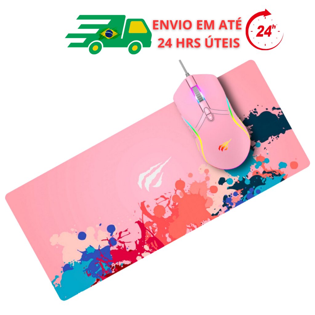 Kit Havit Rosa Mouse Gamer USB 6400 DPI Software Macro e Mousepad Grande Speed 70X30 Fofo Feminino