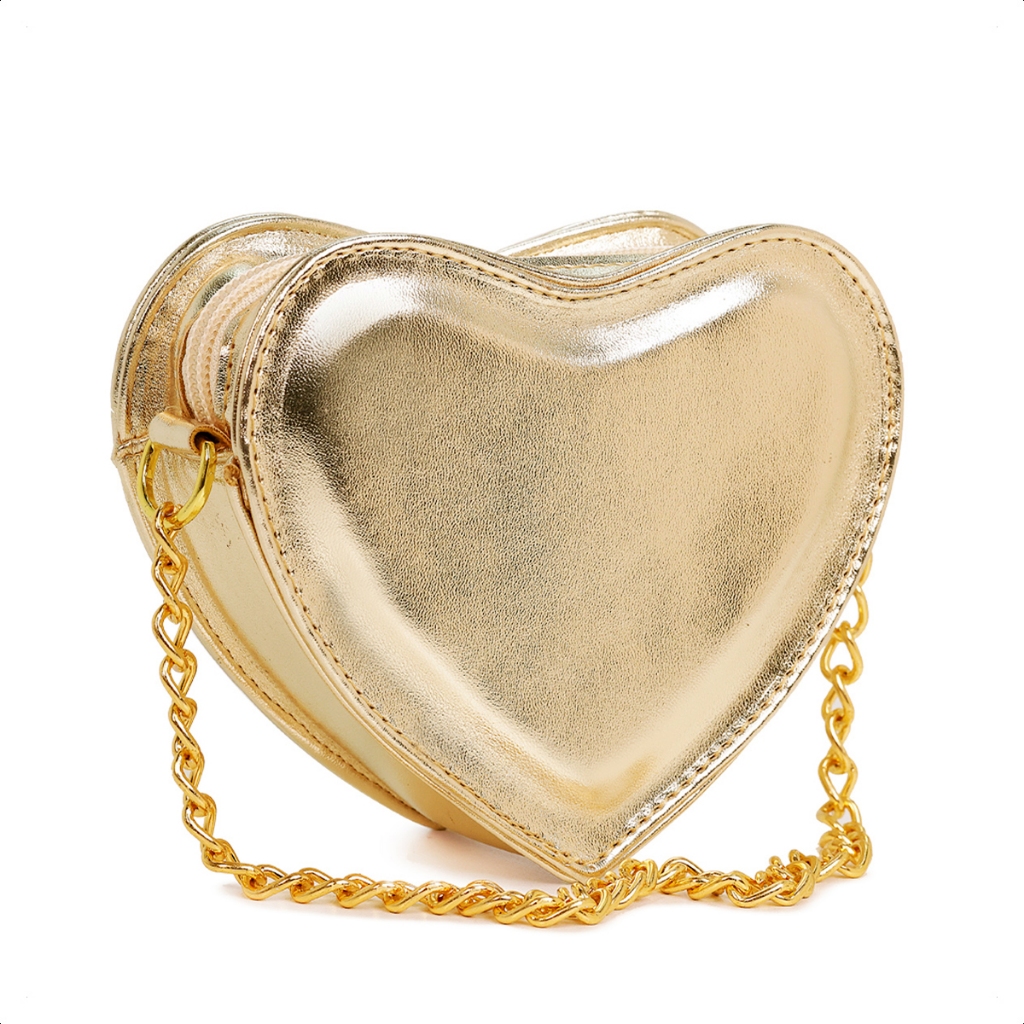 Bolsa Metalizada De Coraçao Feminina Transversal De Corrente De Lado E Ombro De Luxo Pequena Mini Bag