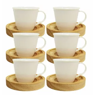 Conjunto Elegante Com 6 Xícaras Acrílica Branca 85 Ml Com Pires de Madeira