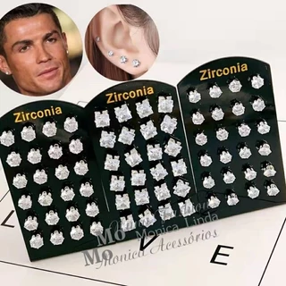 Cartela com 12 PARES Brinco Feminino e Masculino Ponto de Luz Pedra Zircônia