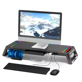 Suporte Monitor PC Computador Notebook Tv Multifuncional LED RGB 4 Portas Usb 3.0 Gaveta Celular