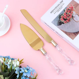 Kit Faca Espátula Bolo Pães Torta Aço Inox Dourado Cabo Acrílico Para Servir MIMI