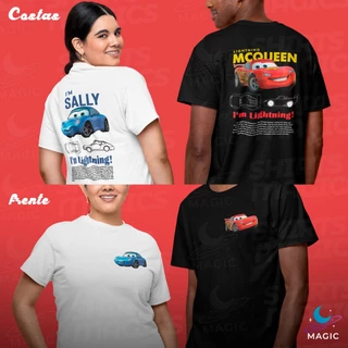 KIT CASAL Camisas Relâmpago Mcqueen/Sally Carrera 100% algodão carros Frente e verso