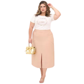 Saia Midi Longuete Linho Tebas c/ Bolso e Fenda na Frente Plus Size