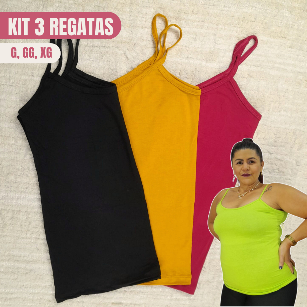 kit BLUSA FEMININA REGATA ALÇA FINA EM MALHA TAM G GG XGG G2