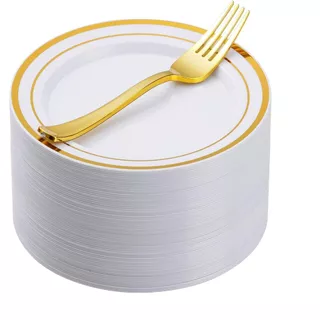 100PCS descartáveis pratos de sobremesa de ouro com garfos de plástico de ouro Set, Conjunto de Festas 50Convidados
