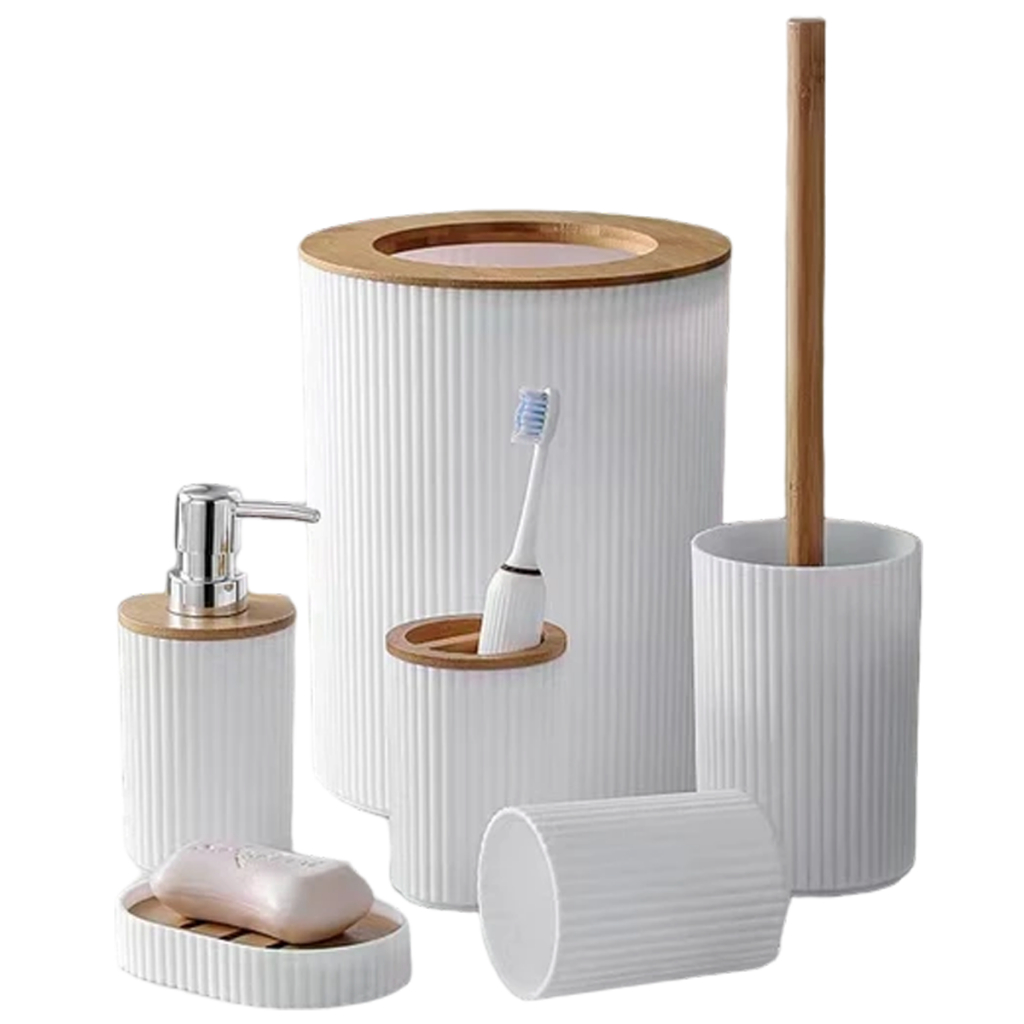 Kit Lavabo Banheiro 6 Peças Bambu Porta Acessórios Moderno Saboneteira Escova Lixeira