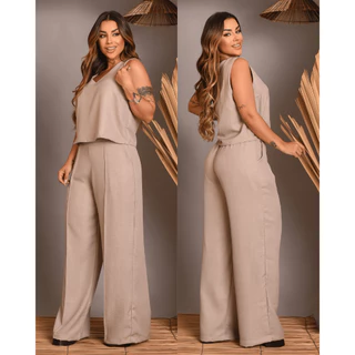 Conjunto Feminino Social Alfaitaria Calça e Blusa Crepe Moda Luxo Leve Verão