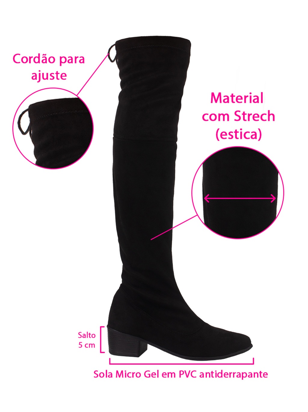 Bota Over The Knee Feminina Camurça Stretch Preto Cano Longo Bota Over The Knee Feminina Camurça Stretch Preto Cano Longo