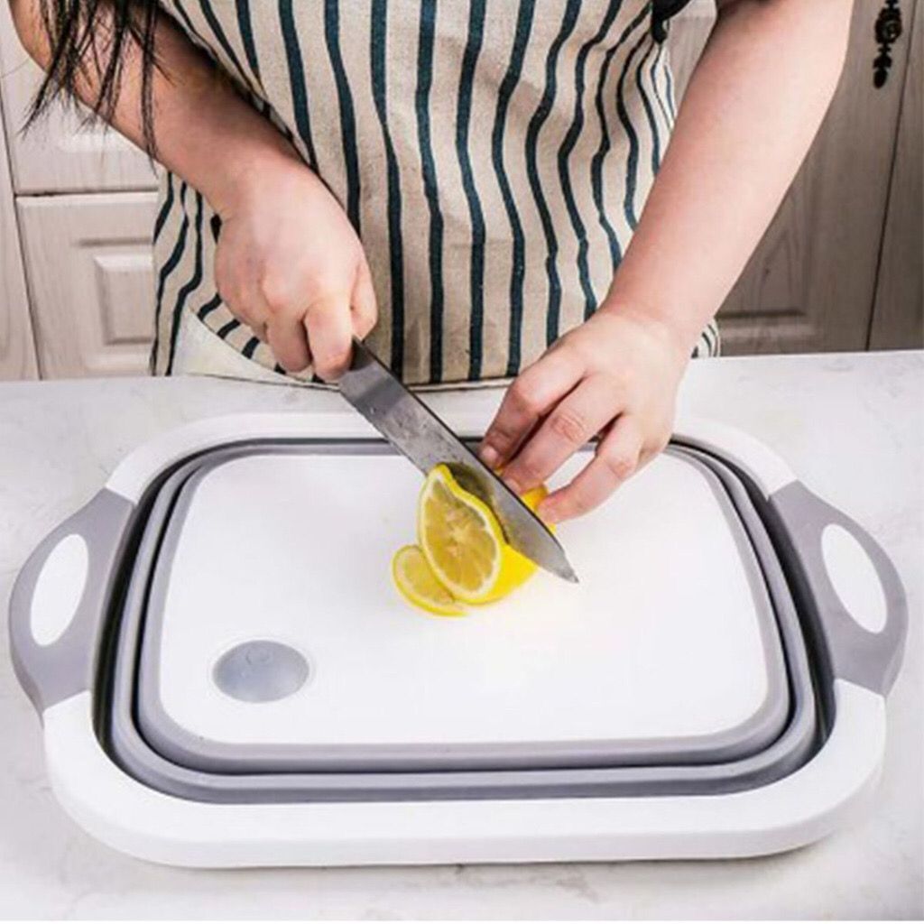 Tábua de Corte Escorredor Retrátil Silicone com Drenagem Verduras Carnes Frutas
