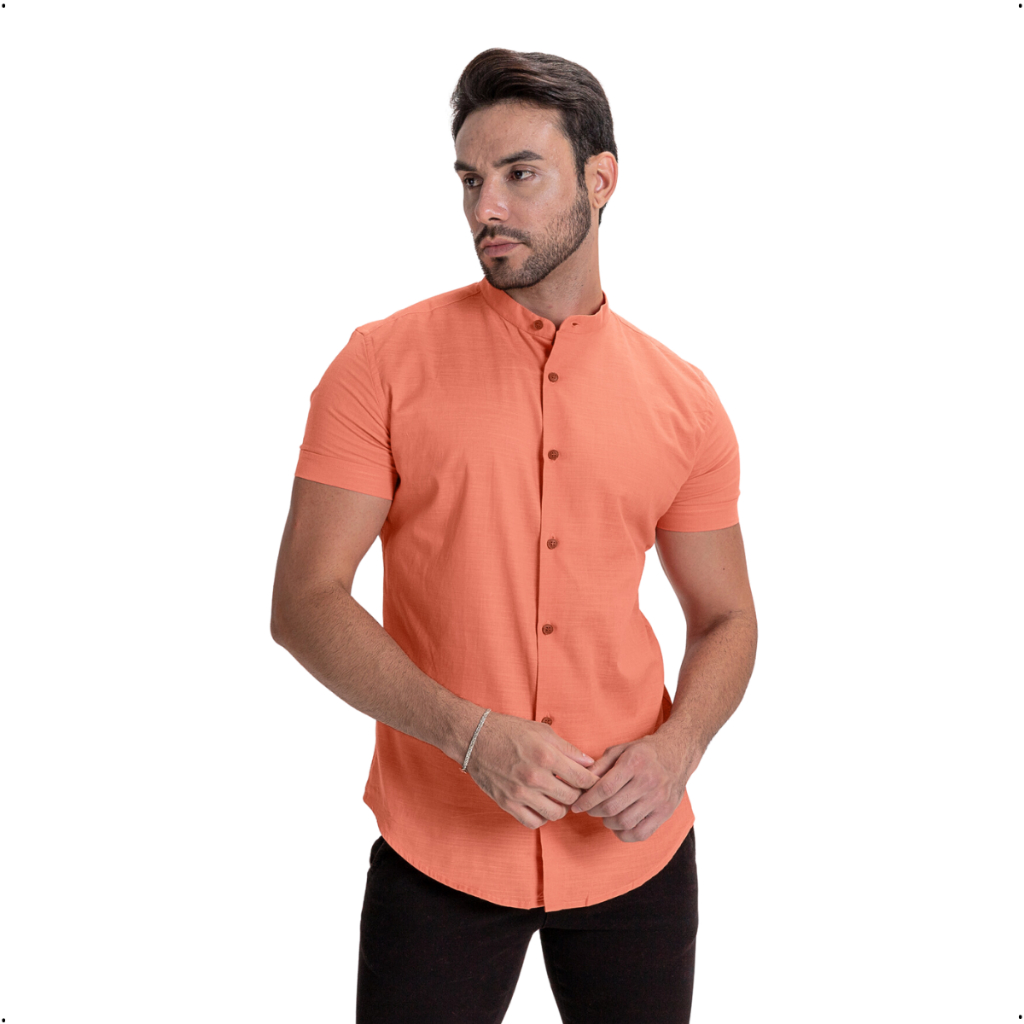 Camisa Social Lisa Masculina Manga Curta Slim Fit - Linho - Terracota