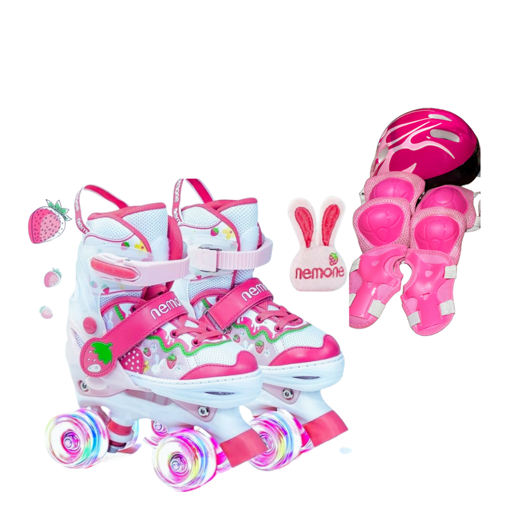 Patins infantil 4 rodas com led tamanho ajustável + kit proteção moranguinho