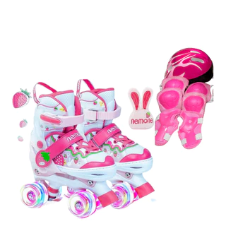 Patins infantil 4 rodas com led tamanho ajustável + kit proteção moranguinho
