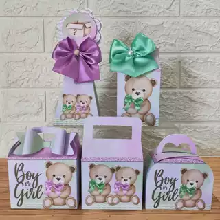 Kit Mimos Personalizados Chá Revelação Lilás e Verde Lembrancinhas Caixinhas para Festa PEGUE E MONTE