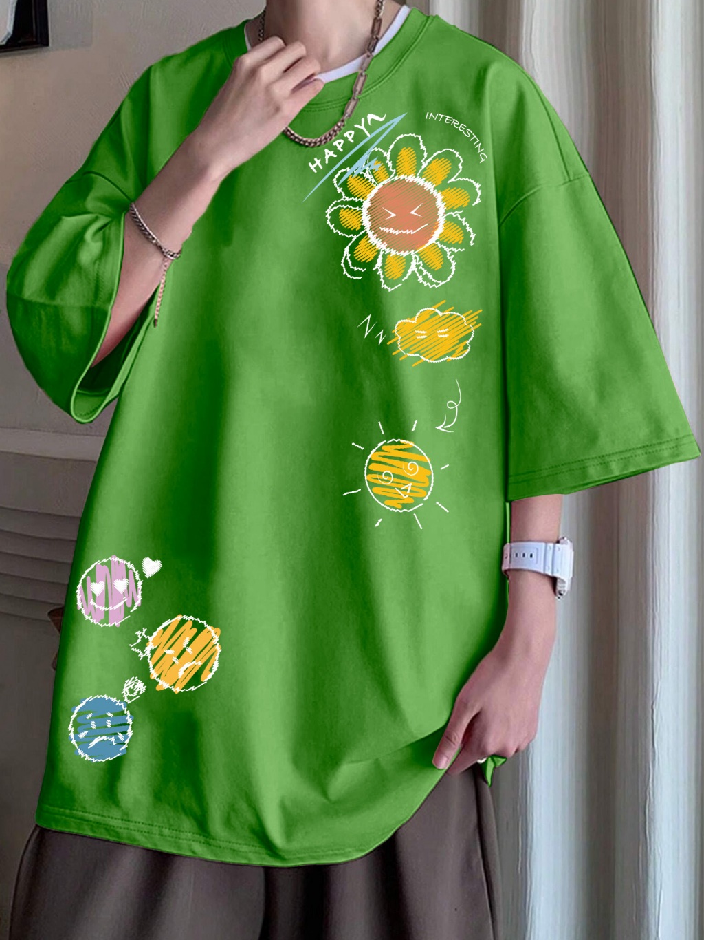Blusa Oversized Street Wear Camiseta Verde Estampa Nuvem Sorriso