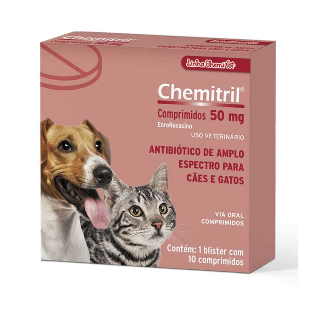 Antibiótico Chemitril 50g Para Cães e Gatos 10 Comprimidos - Chemitec