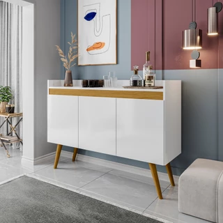 Aparador Buffet 3 Portas Sala Com Pés De Madeira Organizador Multiuso De Casa (Off White)