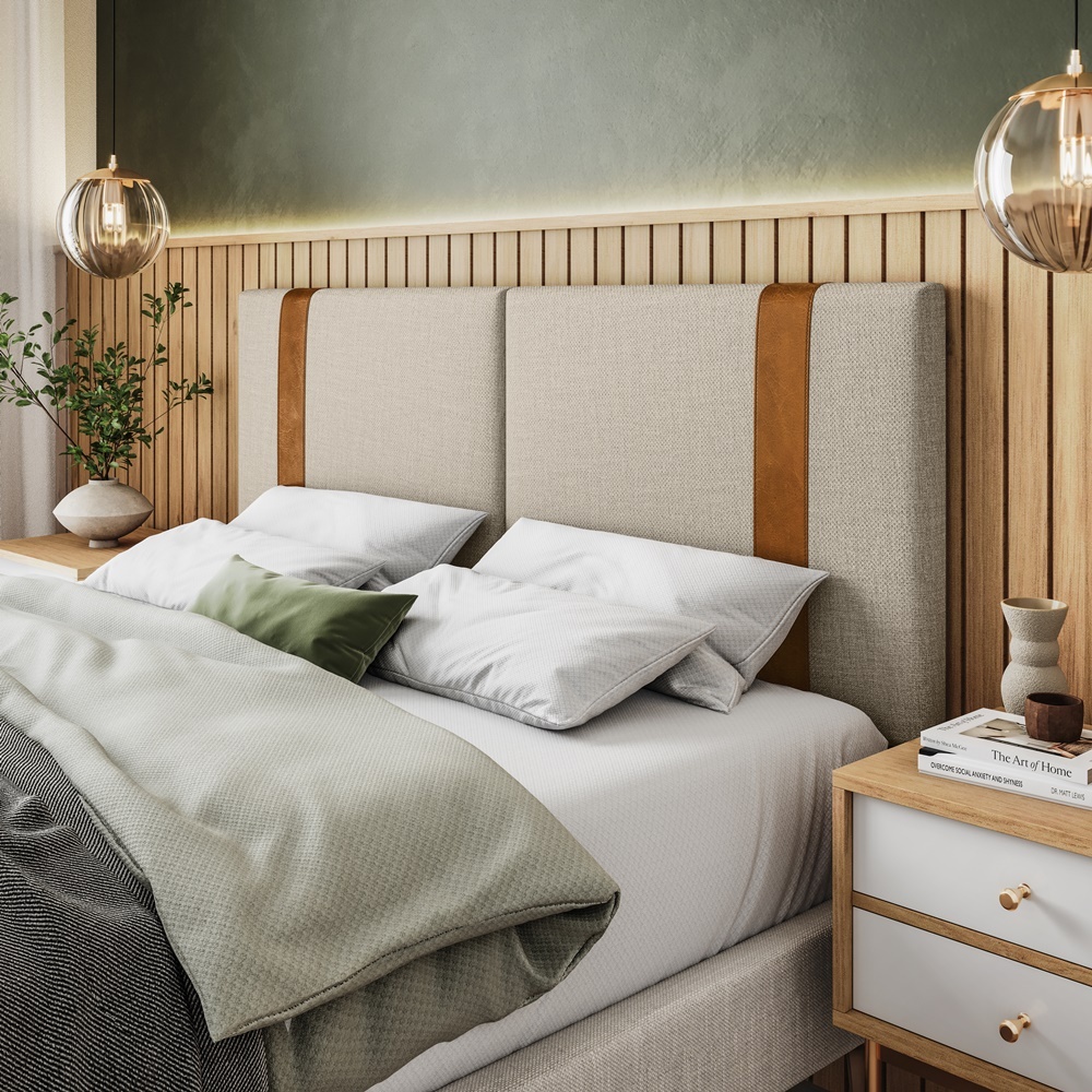 Cabeceira De Casal Ártemis QUEEM 1,60x0,55 Linho Bege e Couro Sintético Caramelo