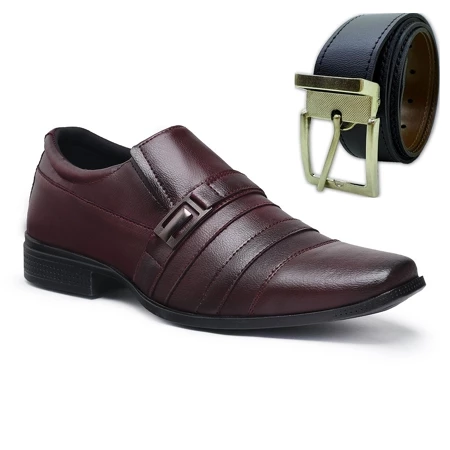 Kit 2 peças - Sapato social masculino confortável com cinto dupla face
