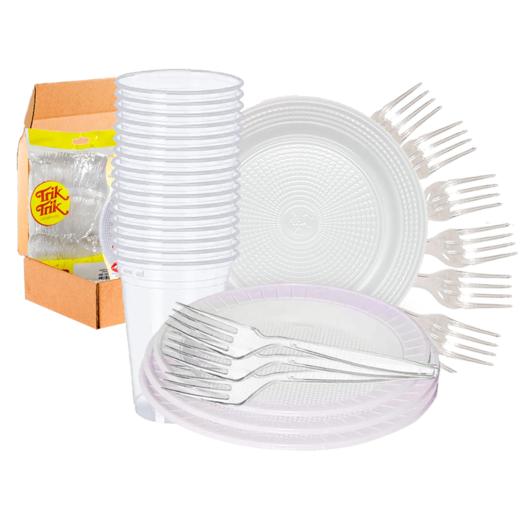 Descartáveis Pratos Copos e Garfos kit com 150 un. Branco Cristal 50 de ...