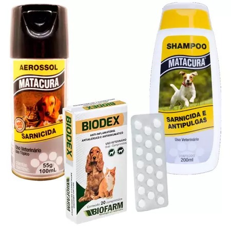 Kit Tratamento de Sarna Shampoo e Aerossol Matacura Sarnicida + Biodex ...