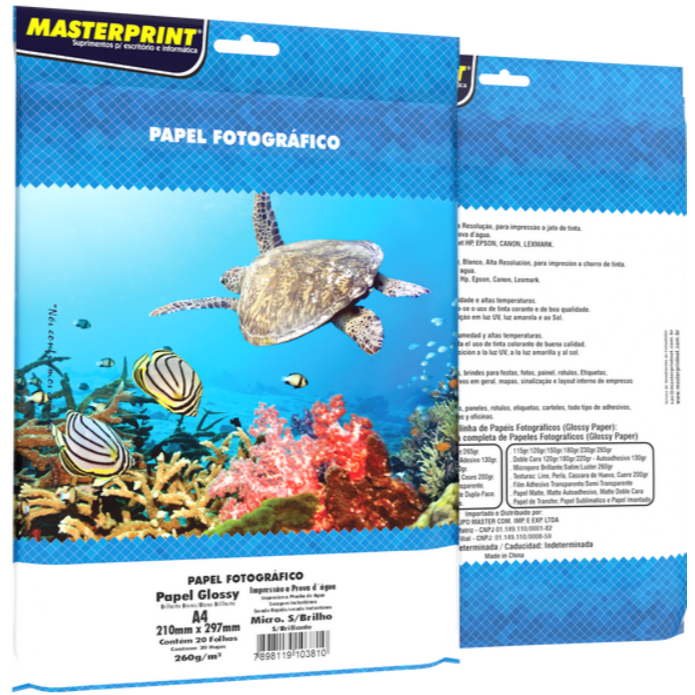 Papel Fotográfico MASTERPRINT Microporoso SEM BRILHO 260G A4 - 40f tinta corante ou pigmentada
