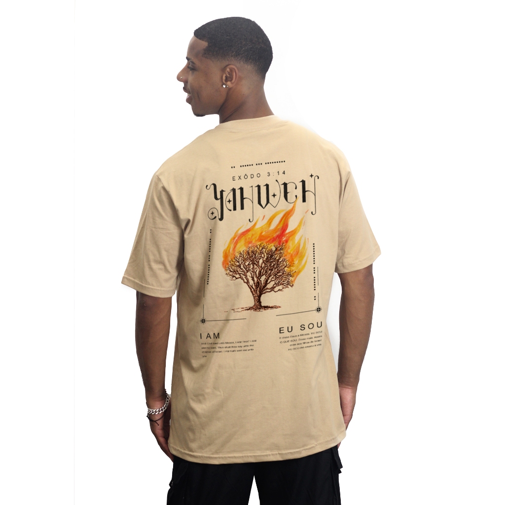 Camiseta Oversized Êxodo 3:14 Sarça Ardente Cristã Gospel Trap Hip Hop BEJE