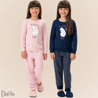 Pijama Feminino Manga Longa Estampado Infantil Casual Moletinho em Algodão Confortável de Inverno em Oferta na Shopee