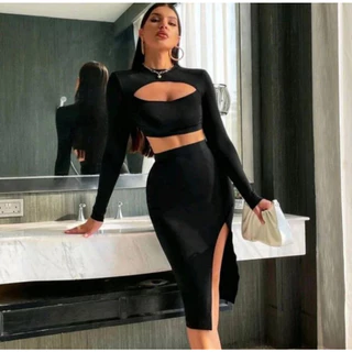 Conjunto Saia com Fenda e Cropped Manga Longa canelado Premium
