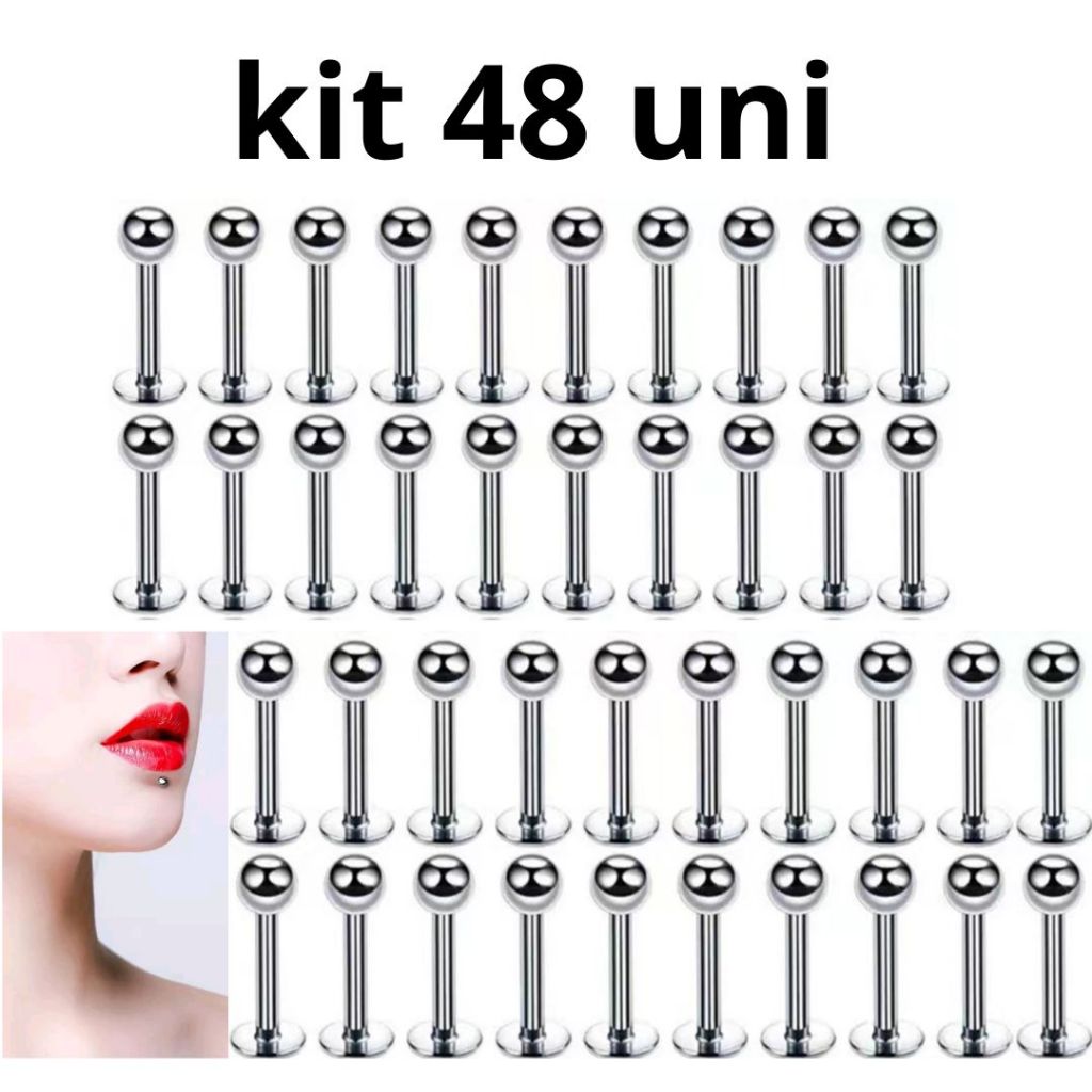 48 pçs Piercing Labret Prata Tragus Orelha Conch Boca Aço Cirúrgico 6mm 8mm 10 mm