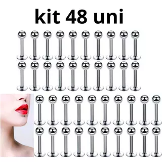 48 pçs Piercing Labret Prata Tragus Orelha Conch Boca Aço Cirúrgico 6mm 8mm 10 mm