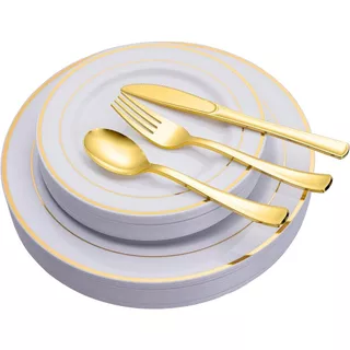 125pcs ouro plástico descartável facas de colher de garfo conjunto com sobremesa e pratos de jantar