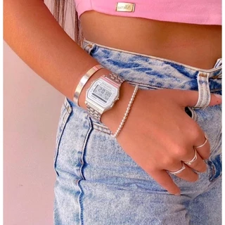 Relógio Retrô Cássio Wr Unissex Prata Fundo Branco e Preto Digital Lead Vintage Feminino