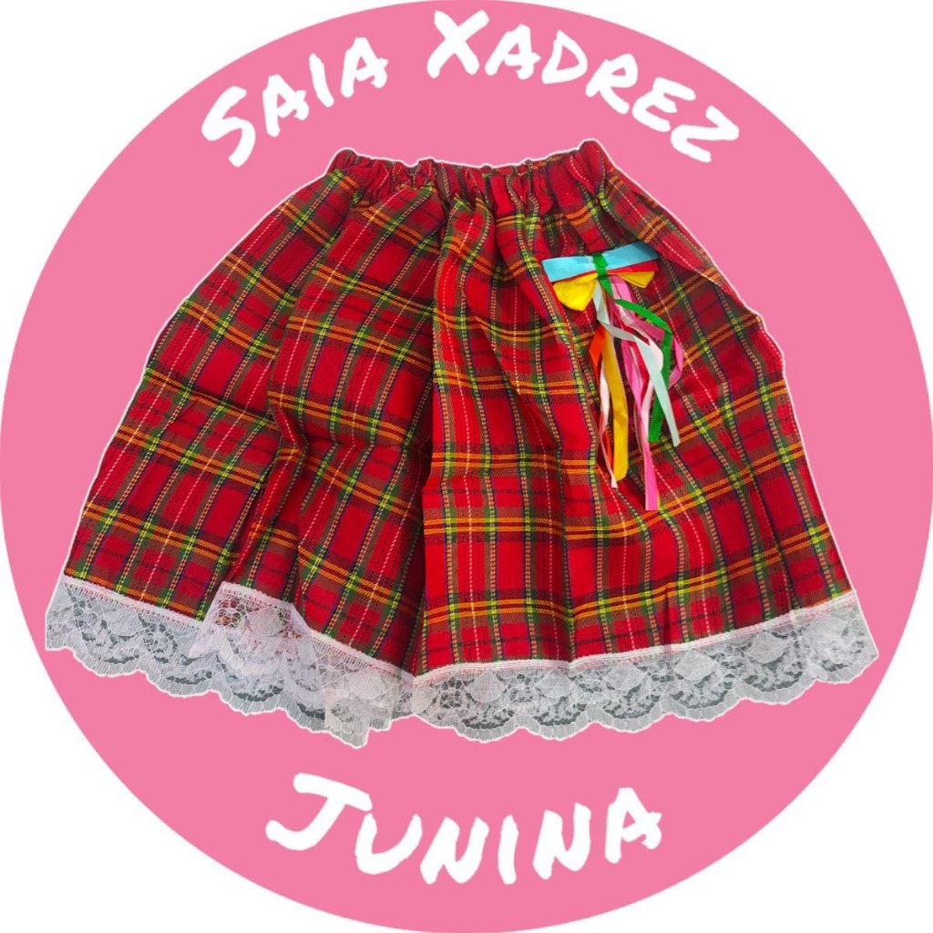Saia Junina Xadrez Com Laço de Cetim 30 CM Veste até 38