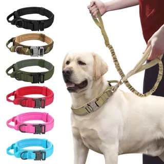 Kit Guia + Coleira Tática Militar Ajustável Resistente Para Cachorro Com Alça Treinamento Pet Grande/Médio Porte