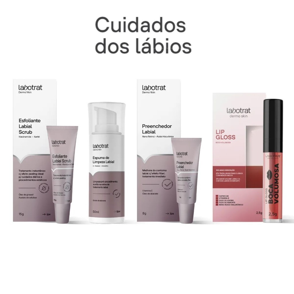 Kit Lábios Perfeitos Labotrat Rotina de Cuidados Labiais (Espuma, Scrub, Preenchedor e Gloss)