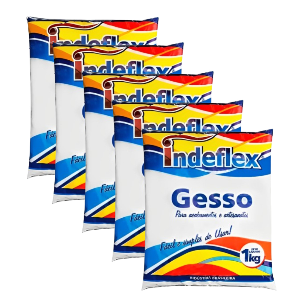 Kit 5 Gesso em Pó Branco 1kg Rápido Indeflex Saco Para Acabamentos Artesanatos e Reparos