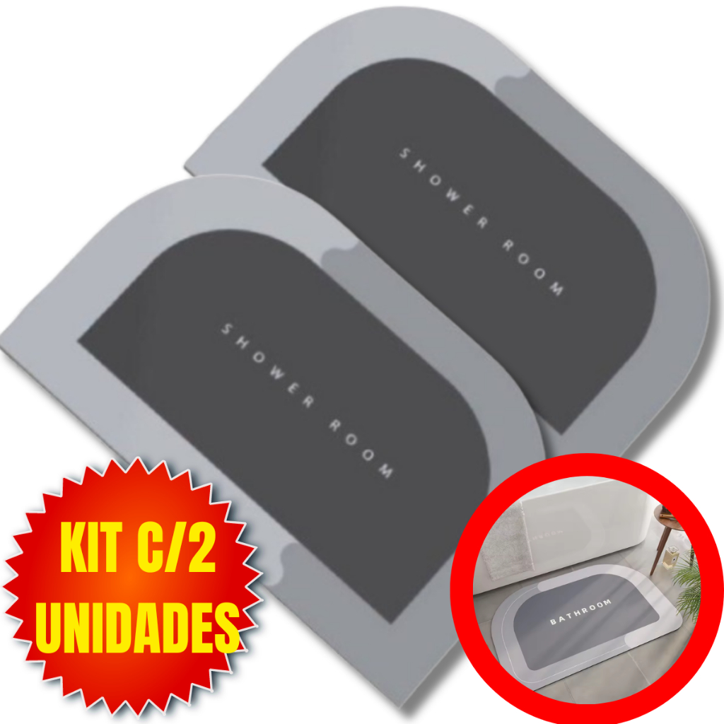 Kit 2 Tapete Antiderrapante de Banheiro Super Absorvente Secagem Rápida Chuveiro 38x58CM Semi-oval