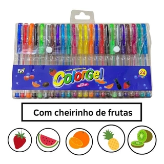 Canetas Gel Cheirinho de Frutas Coloridas Perfumadas Glitter Neon Tons Pastel Kit com 6/8/12/14