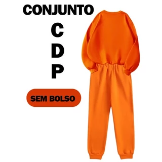 Conjunto CDP Sem Bolsos Laranja Moletom Careca + Calça Básico Algodão Presídio Unissex Inverno