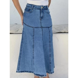 Saia Jeans Longa com Lycra