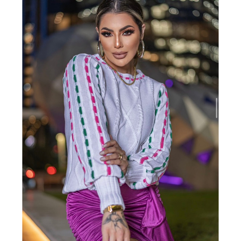 Blusa de Frio Feminina Tricot Manga Longa Sueter com Traços em Cores ...